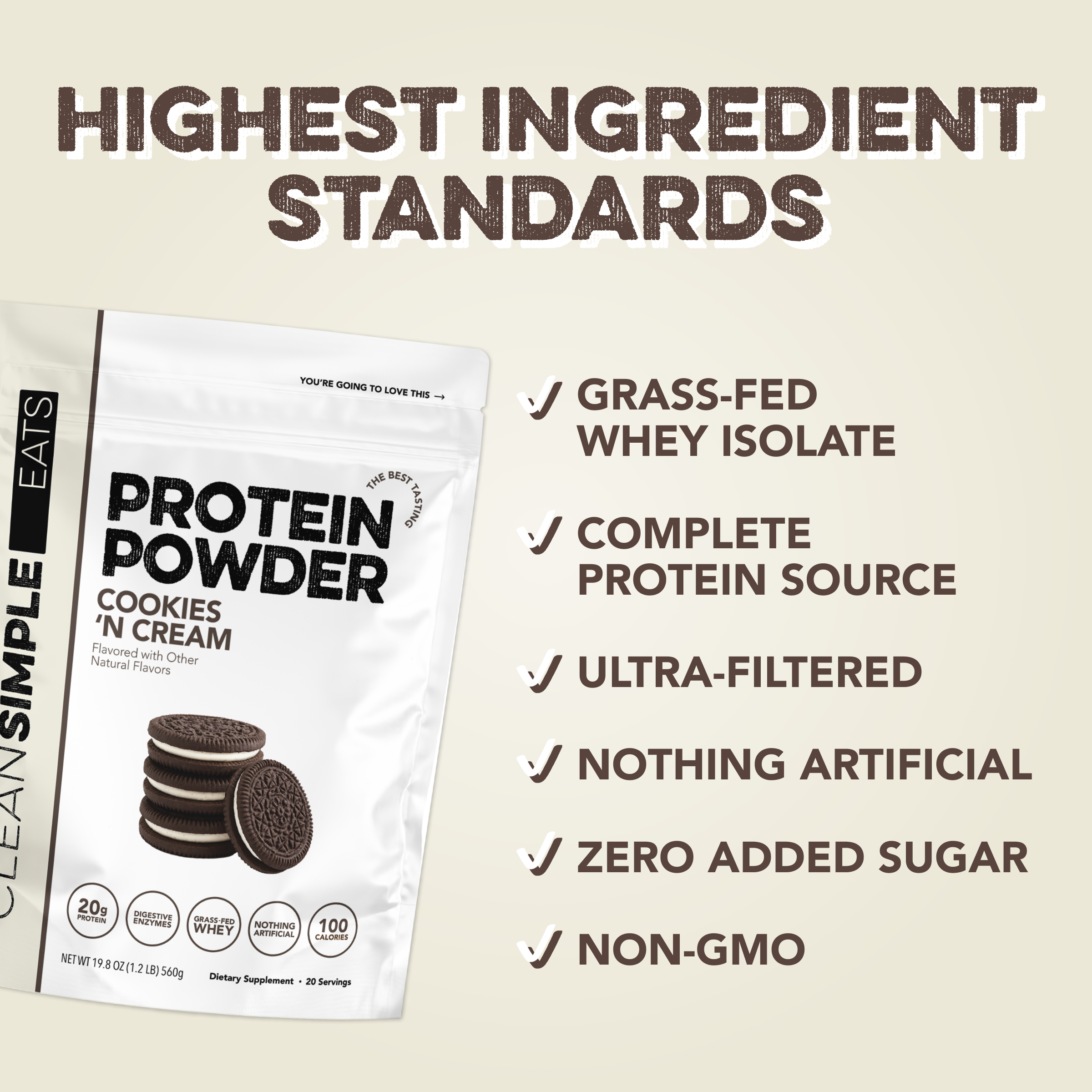 cleansimpleeats Protein Powder: Cookies 'N Cream (20 Serving Bag)