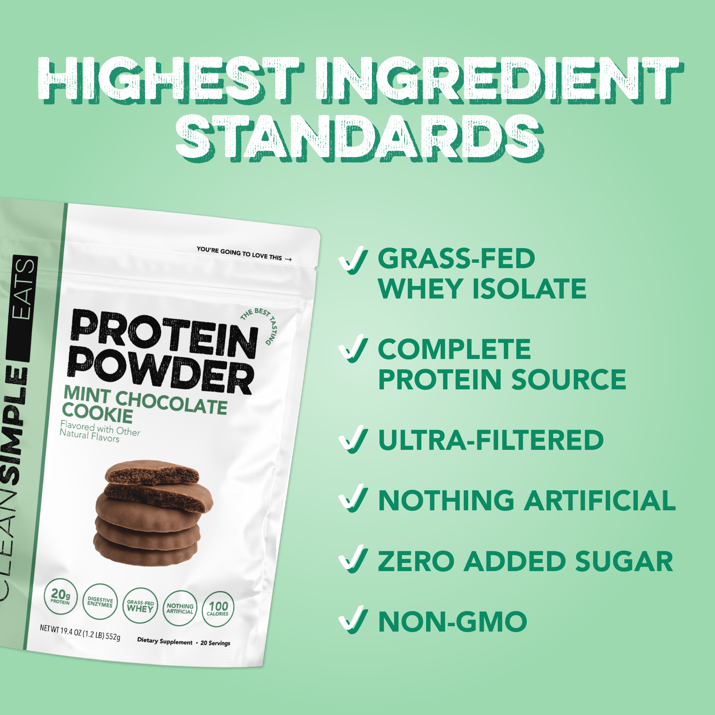 cleansimpleeats Protein Powder: Mint Chocolate Cookie (20 Serving Bag)