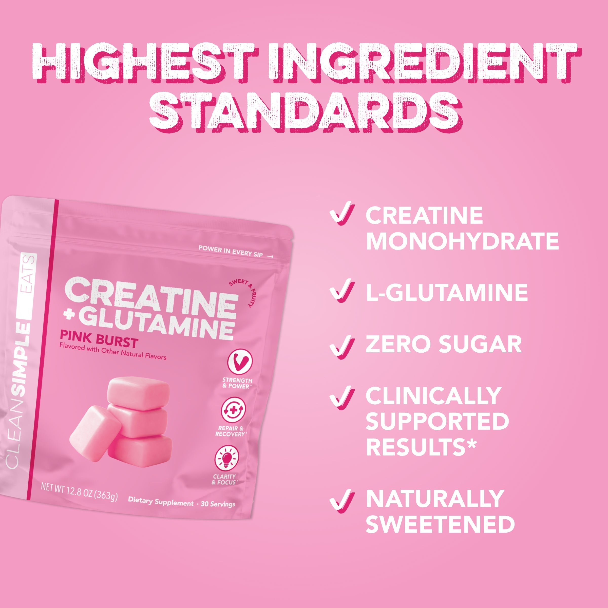 cleansimpleeats Creatine + Glutamine: Pink Burst (30 Serving Bag)